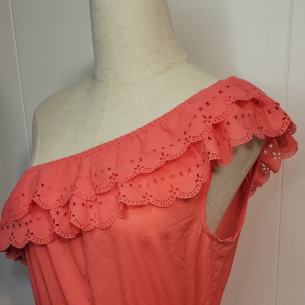 Mine One-Shoulder Ruffled Peach Dress - Picture 2 of 7